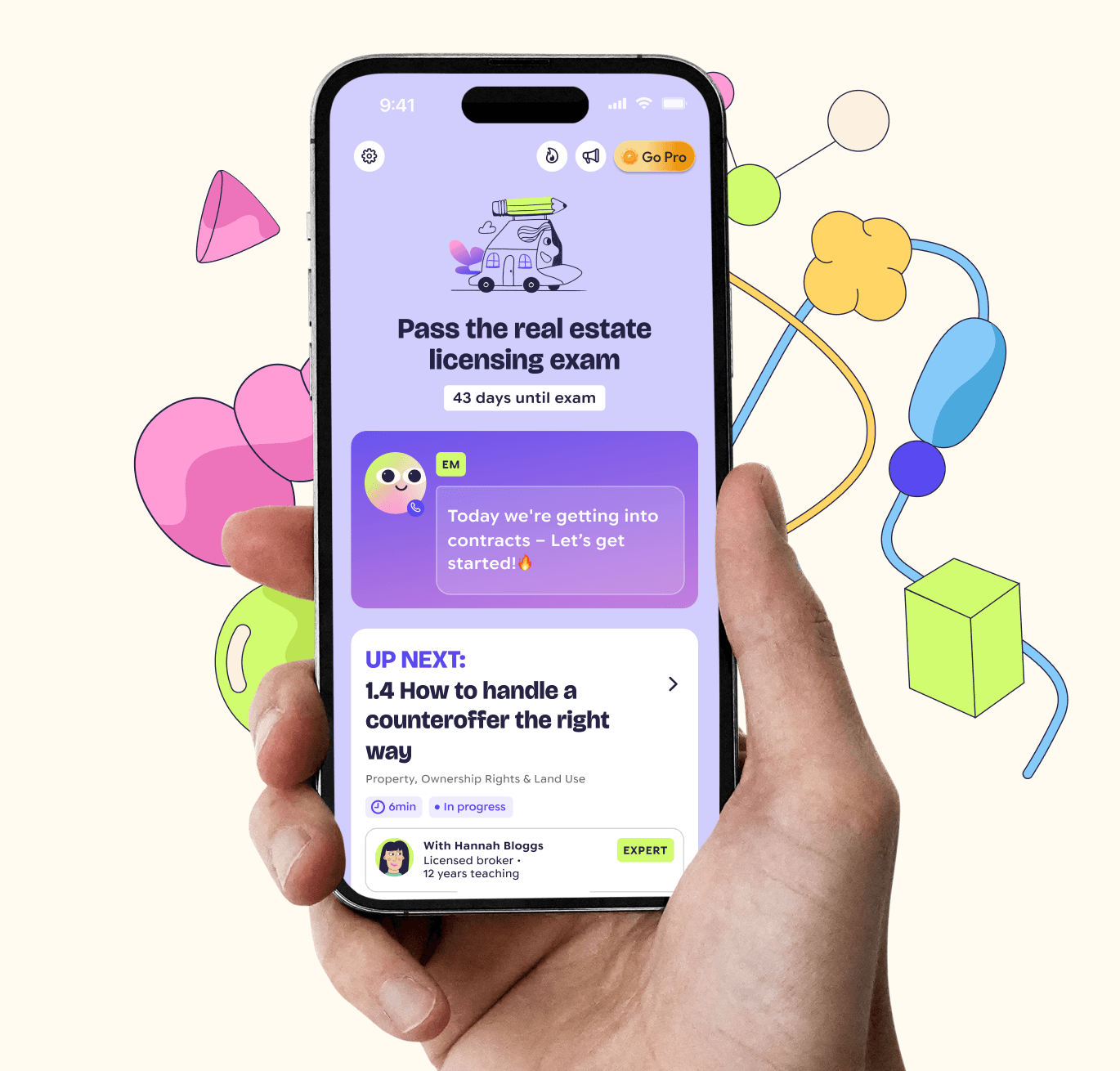 MindMax on a phone: a plan to pass the real estate licensing exam, 43 days out, with the next lesson on handling a counteroffer, taught by a licensed broker